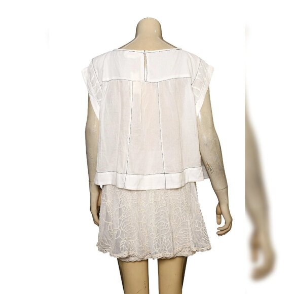Anthropologie Cap-Sleeve Babydoll Blouse S 6 Sheer White Cotton Crop Top 44630 - Picture 4 of 5